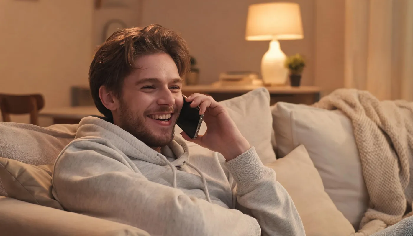 Benefits of AI girlfriend apps, man smiling with relief and comfort while chatting on phone