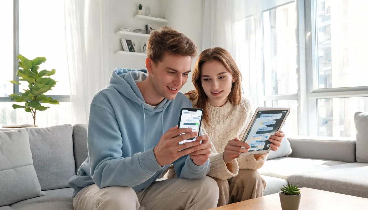 The future of AI companionship, couple exploring AI apps together with curiosity