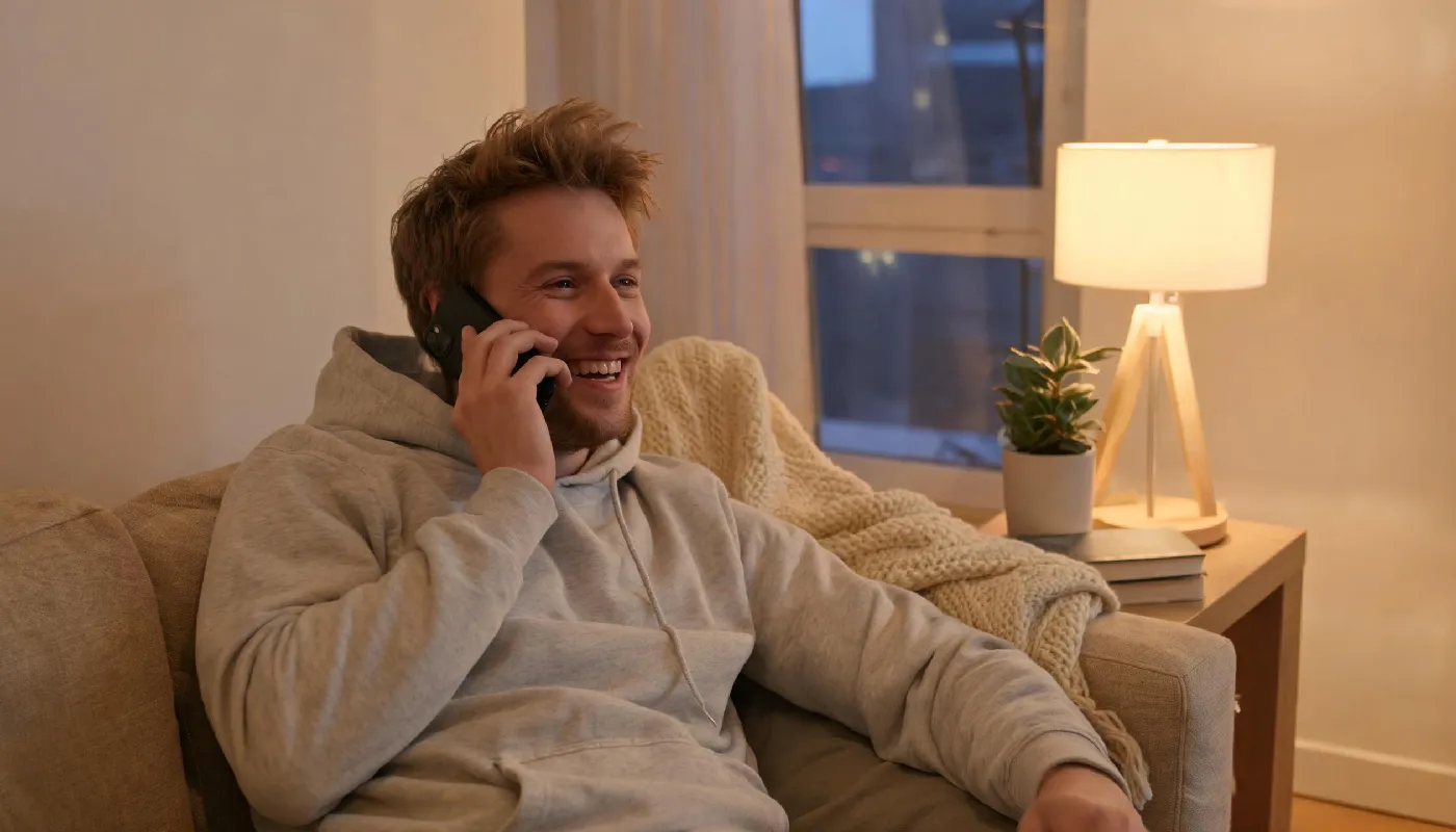 Understanding AI girlfriend apps, young man engaged in warm conversation on his smartphone