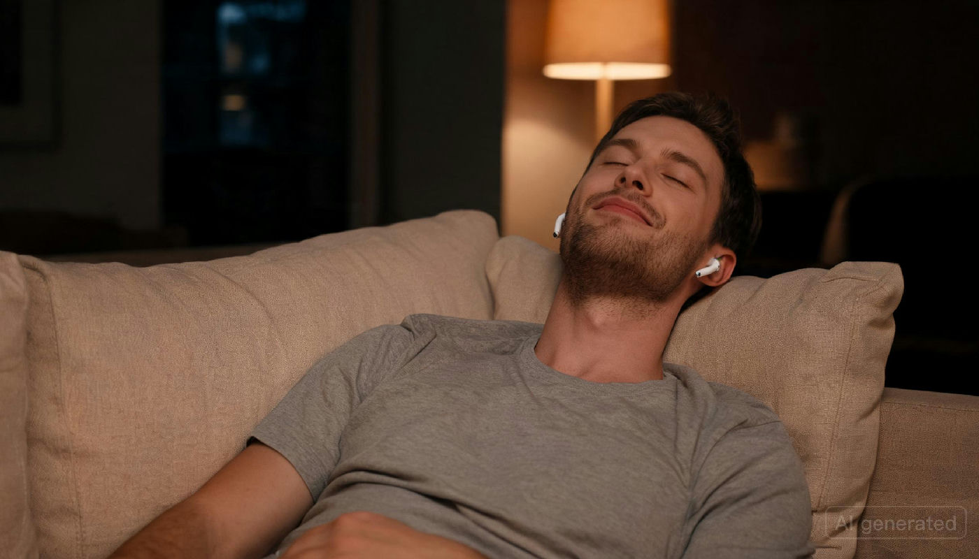 Man relaxing on couch with headphones in warm evening light, representing emotional wellbeing benefits of AI companionship