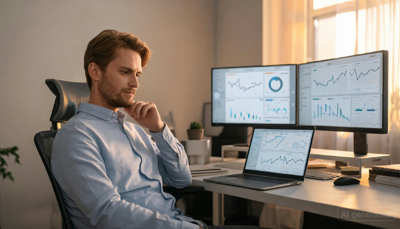 AI girlfriend market growth data reviewed on laptop screen, photorealistic lifestyle