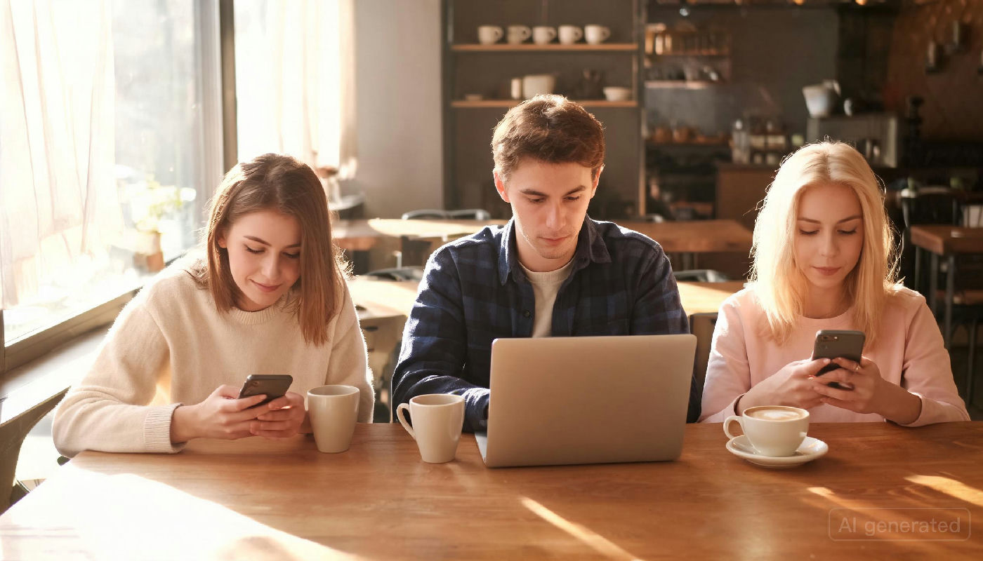 Young adults at a coffee shop on devices, representing AI girlfriend app demographics