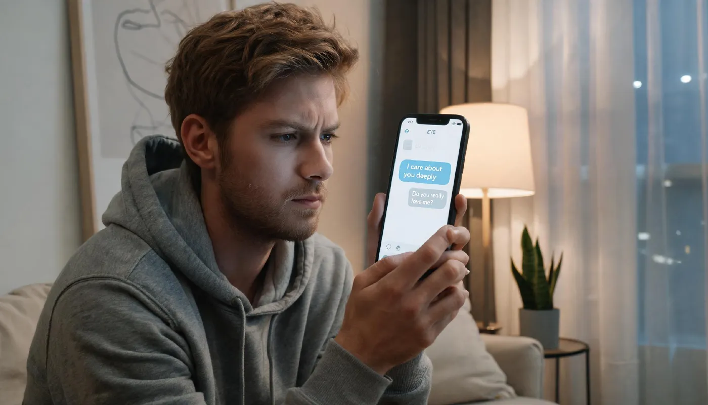 Understanding the concept of marrying an AI, man contemplating AI relationship on his phone