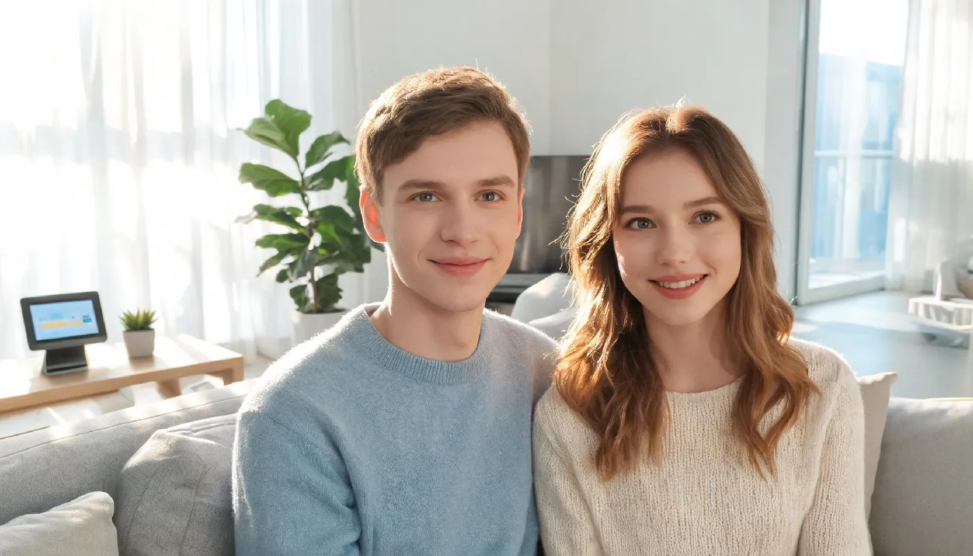 The future of love and AI, couple looking forward together with optimism
