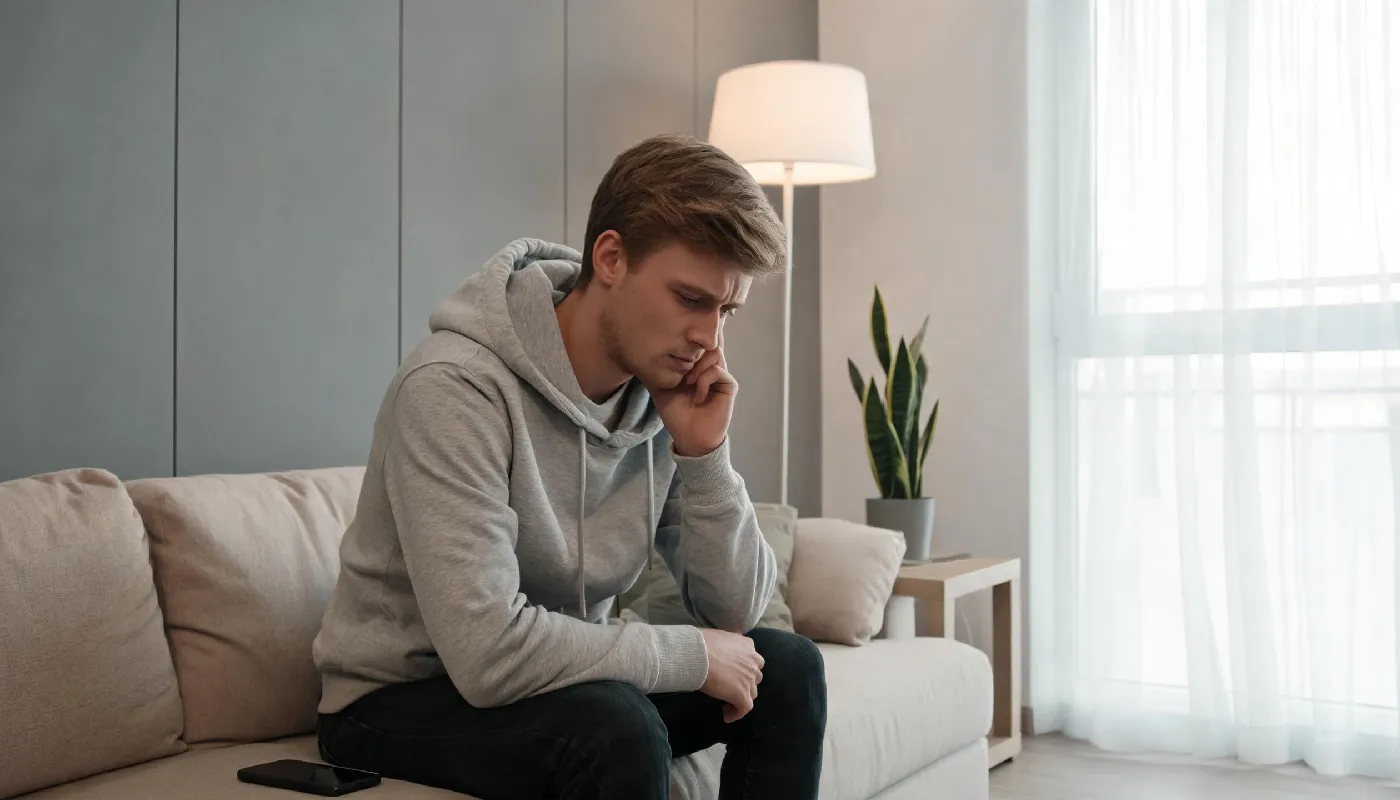 Risks and challenges of AI marriage, man alone reflecting on difficult personal decisions