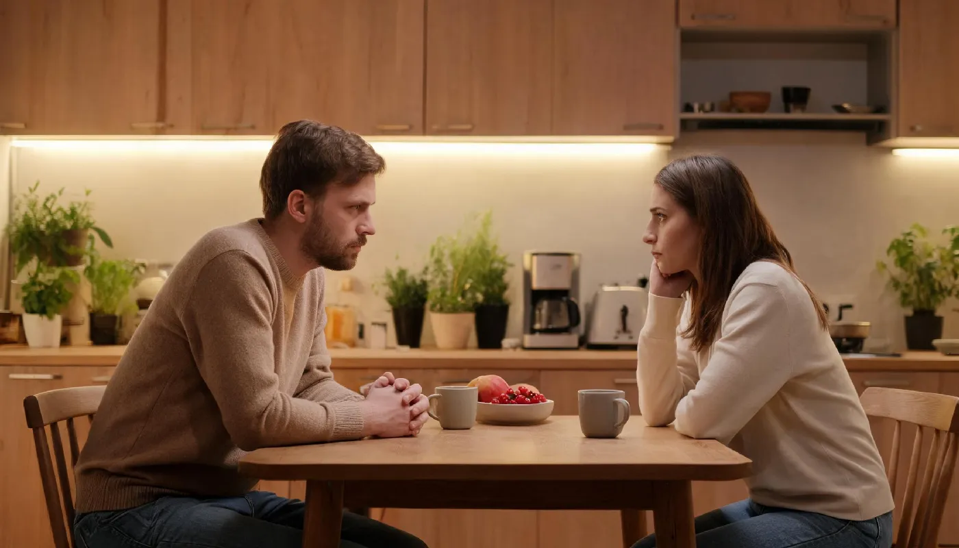 Social and ethical considerations of AI marriage, couple having a serious discussion at home