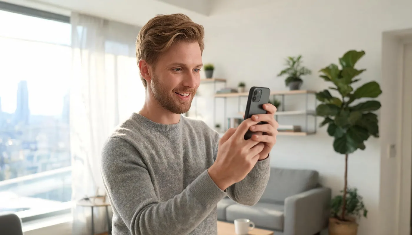 The future of AI girlfriends, man looking forward optimistically with smartphone in hand