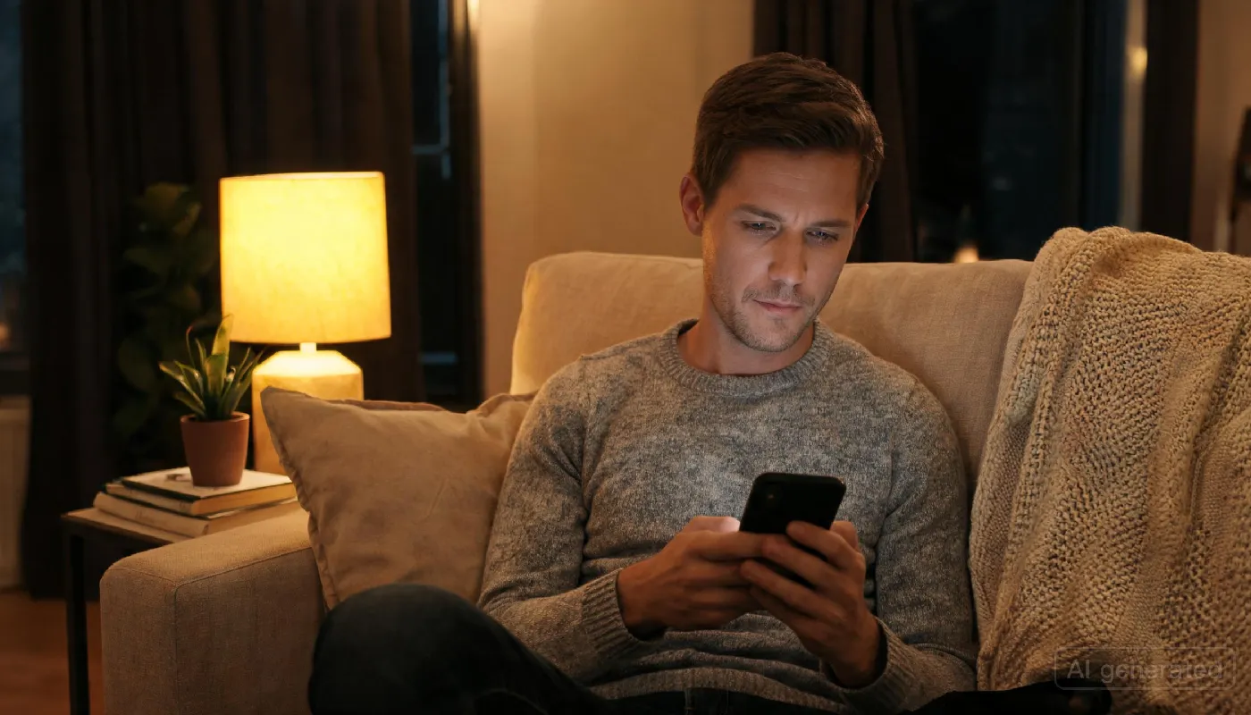 Man sitting thoughtfully with phone, emotionally engaged with AI companion, warm evening lighting