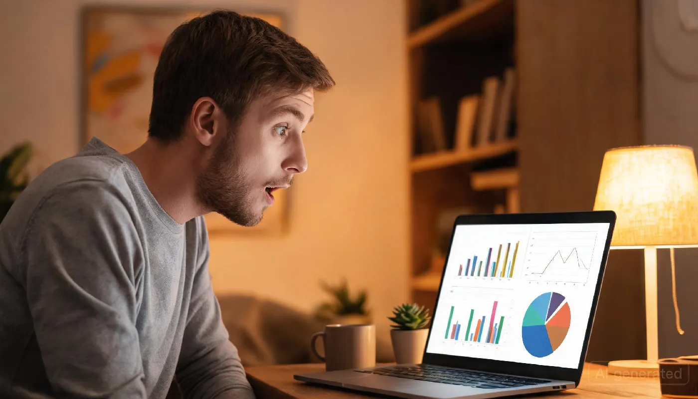 Man engaged with AI girlfriend statistics on laptop screen, warm home office setting