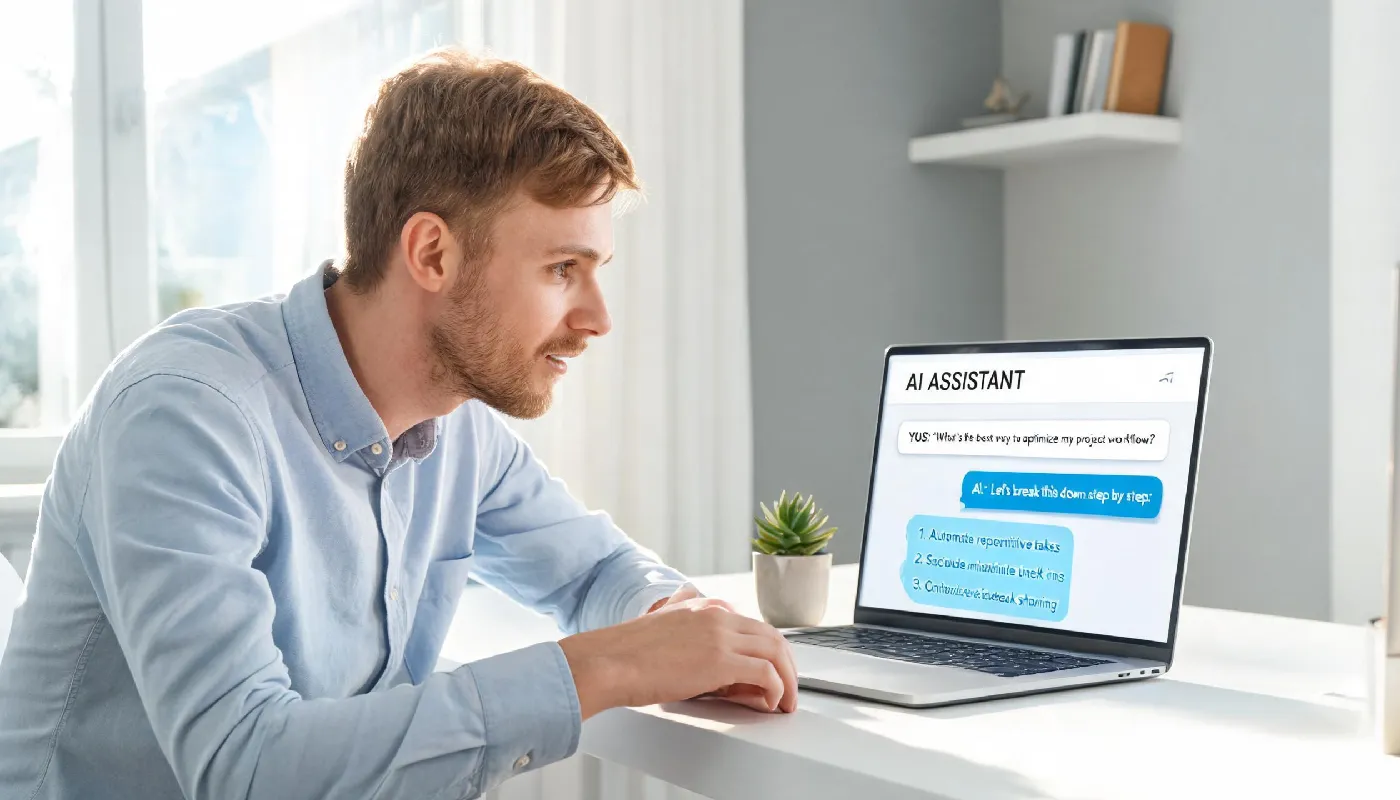 The technology behind AI girlfriends, man at laptop exploring an AI chat interface
