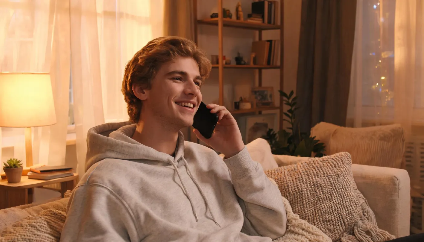 Why do people use AI girlfriends, man genuinely engaged and smiling at his phone at home