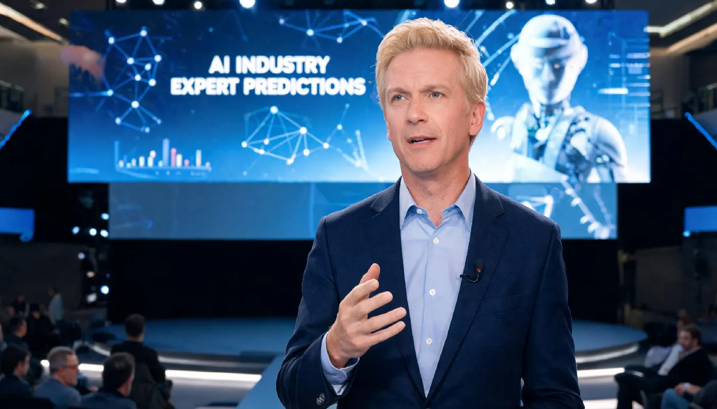 Expert predictions for AI girlfriend industry, professional presenting at a modern tech conference