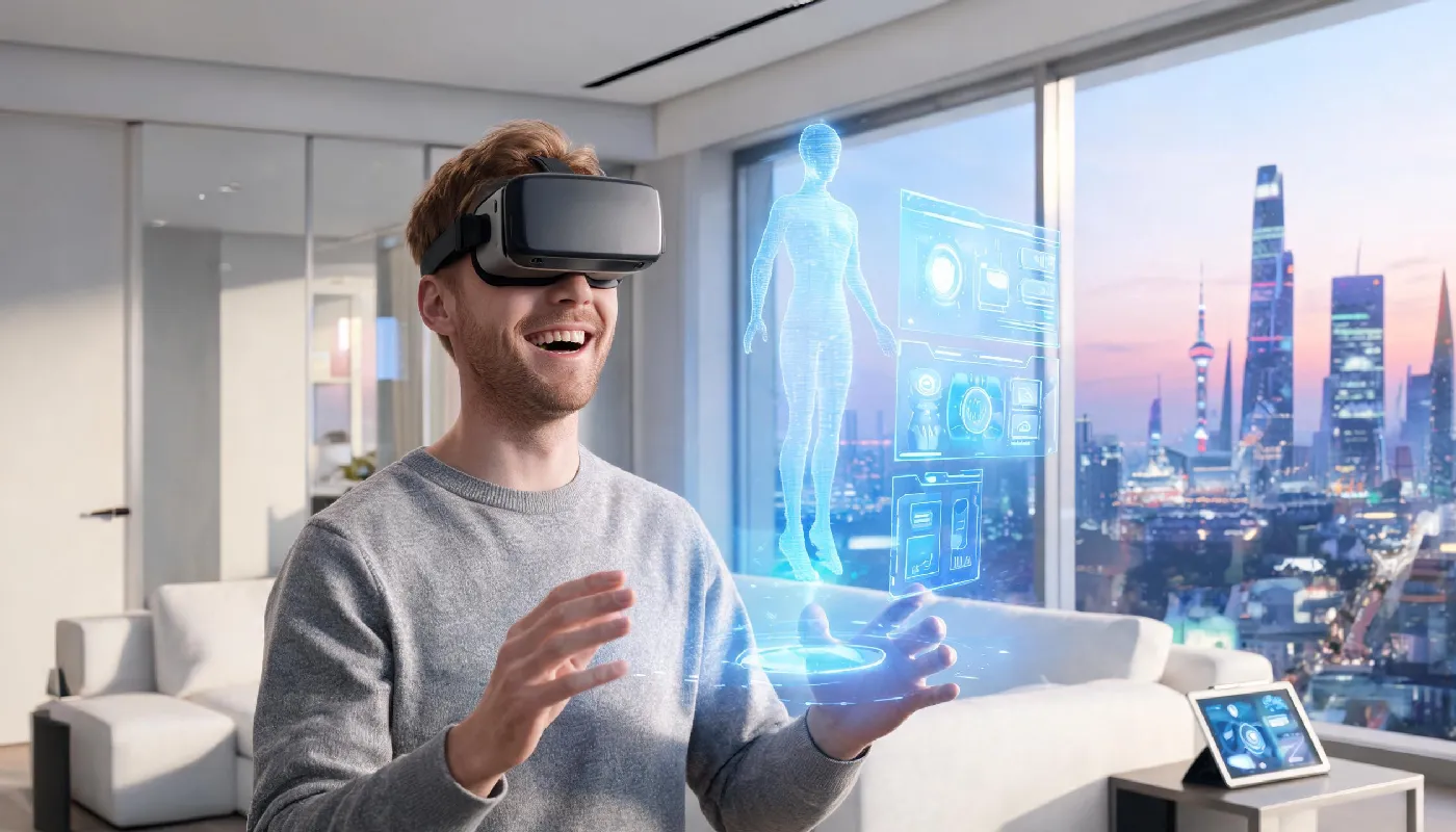 Technological trends shaping the future of AI girlfriends, man using VR headset in a sleek modern home