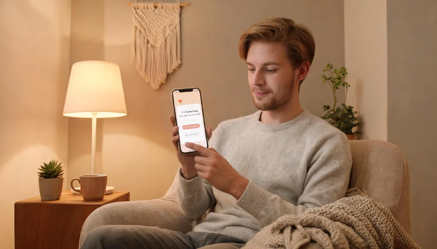 Future use cases for AI girlfriends including companionship and therapy, man in a calming therapy-like setting with AI app