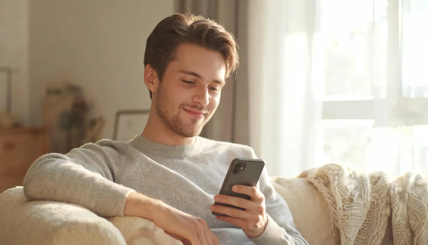 Benefits of realistic AI girlfriends, man sitting peacefully and content while reading messages