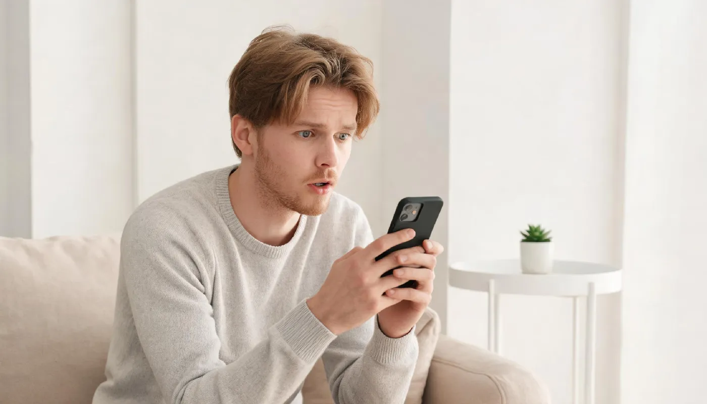 The psychology behind AI girlfriend realism, man looking at phone with thoughtful wonder