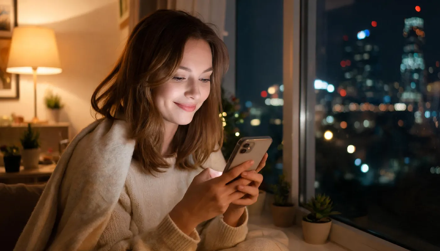 Keeping the spark alive in long distance, woman smiling at phone by window at night