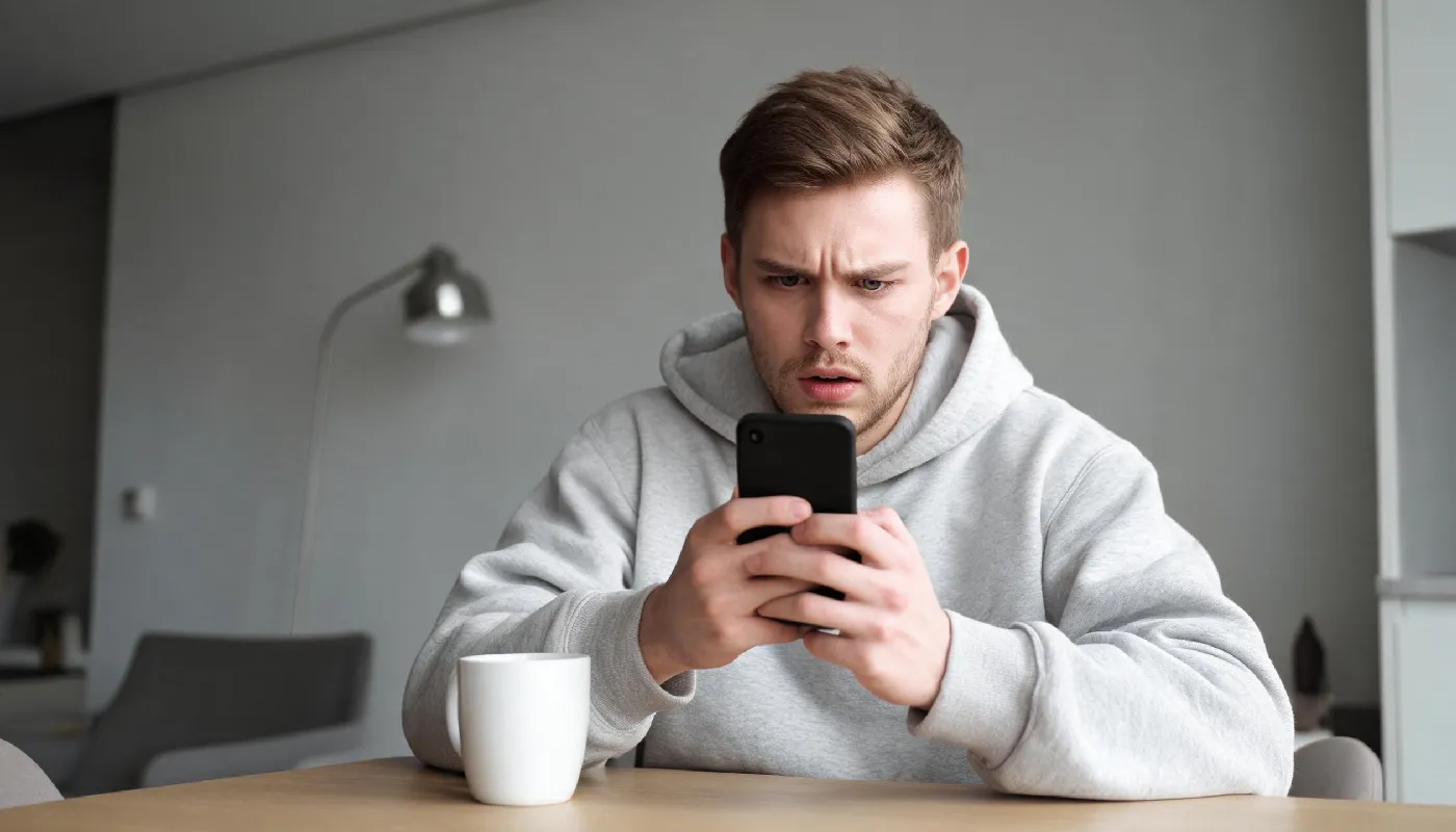 Romantic texting mistakes to avoid, person looking hesitant at their phone