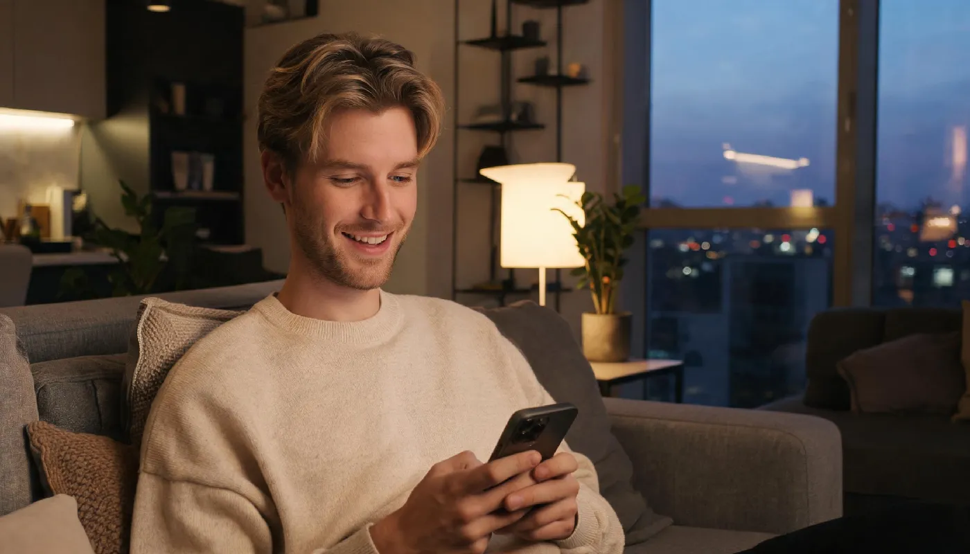 Practice romantic texting with an AI girlfriend, man smiling at phone in modern apartment