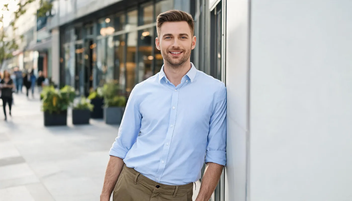 Physical attraction basics, well-groomed man with confident smile and clean casual style