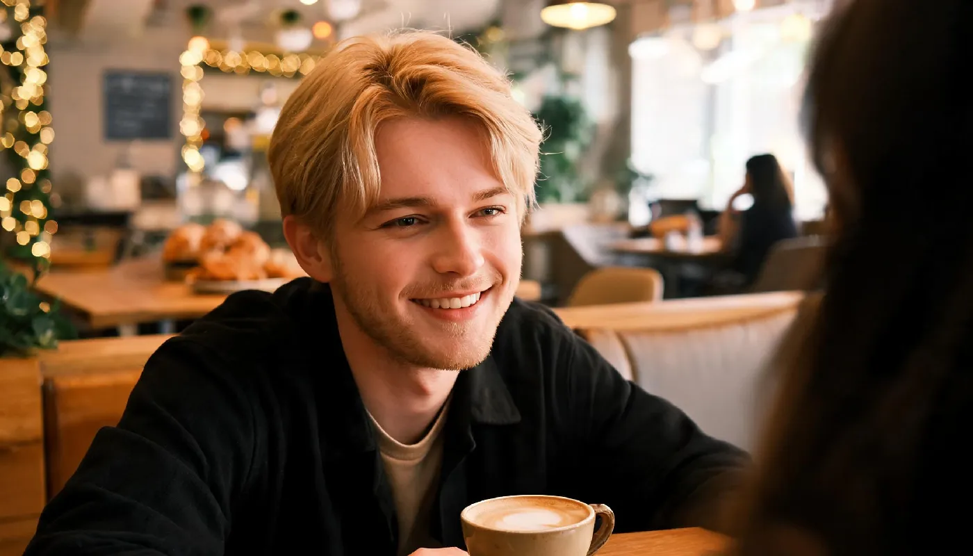 Quick tips to build attraction instantly, man making warm eye contact across a cafe table