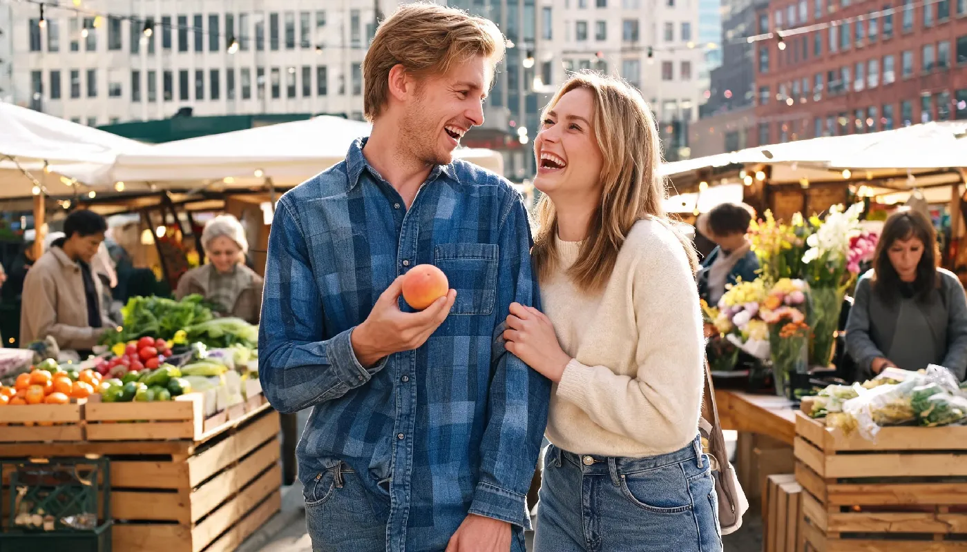 Creating shared connections, couple laughing together at a city market