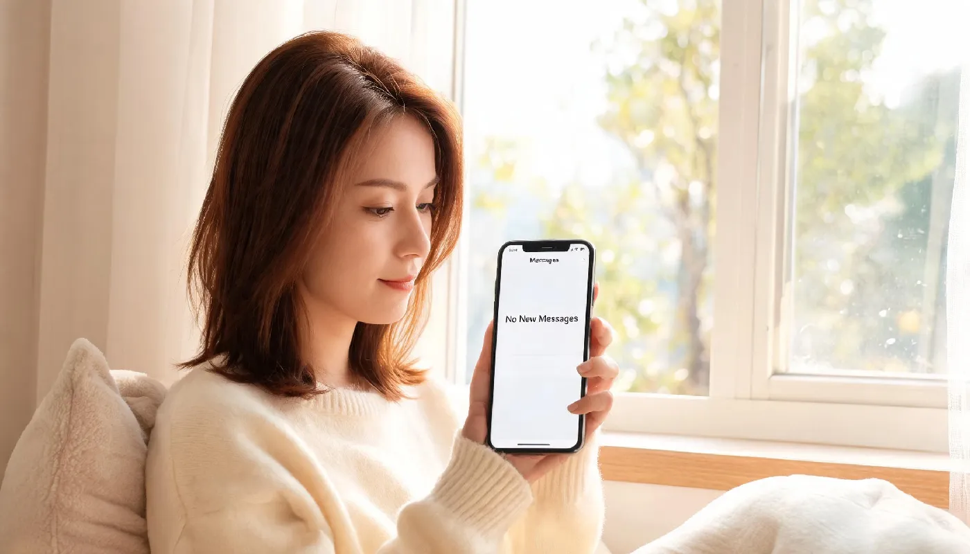 How to handle ghosting in a healthy way, woman by window with phone showing no messages