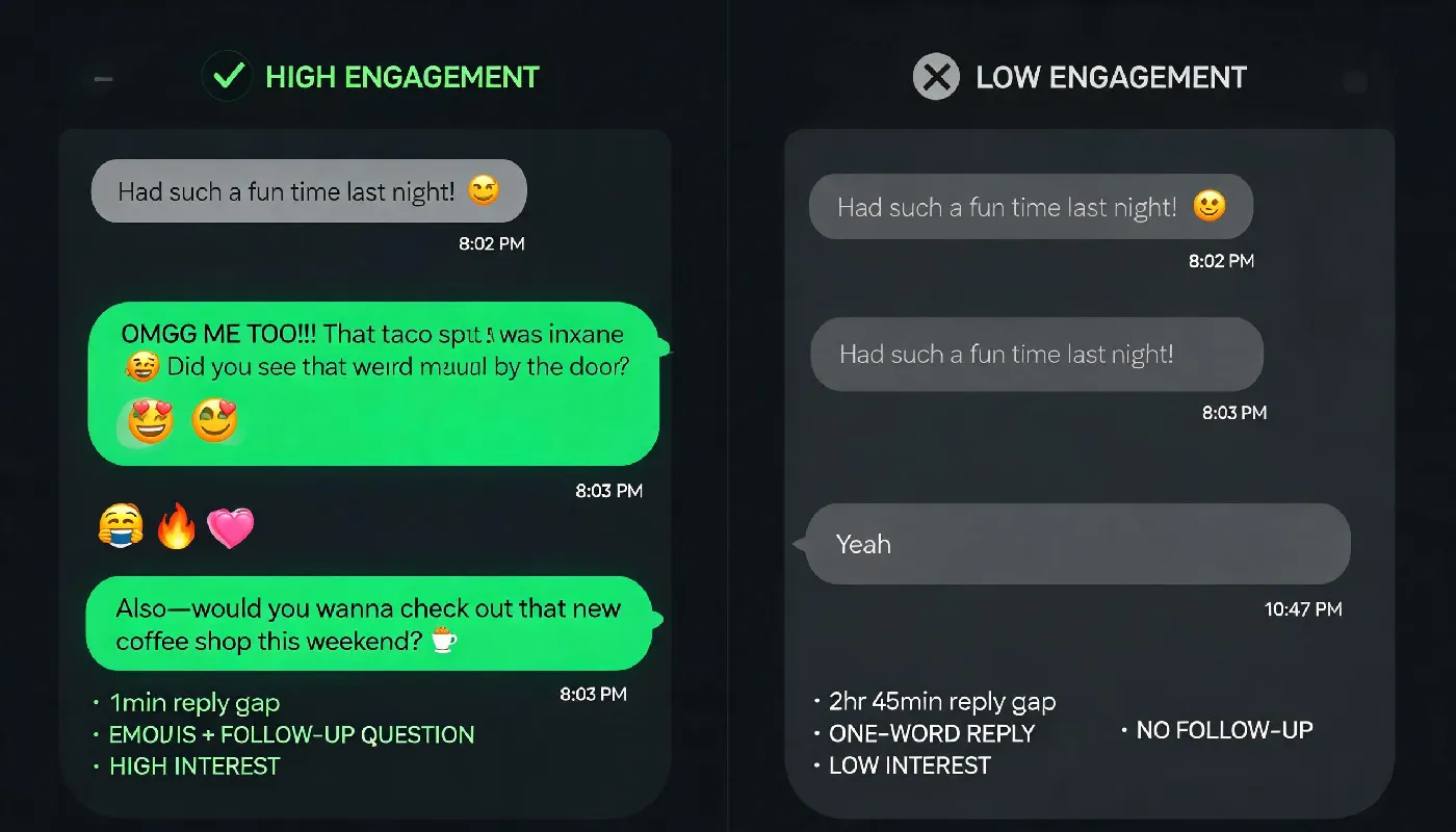 How to read text responses, engaged reply with emojis versus short delayed reply showing different interest levels