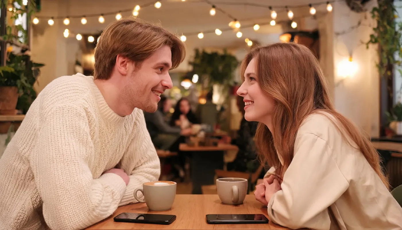 When to take it beyond texting, couple on a first date at a cafe