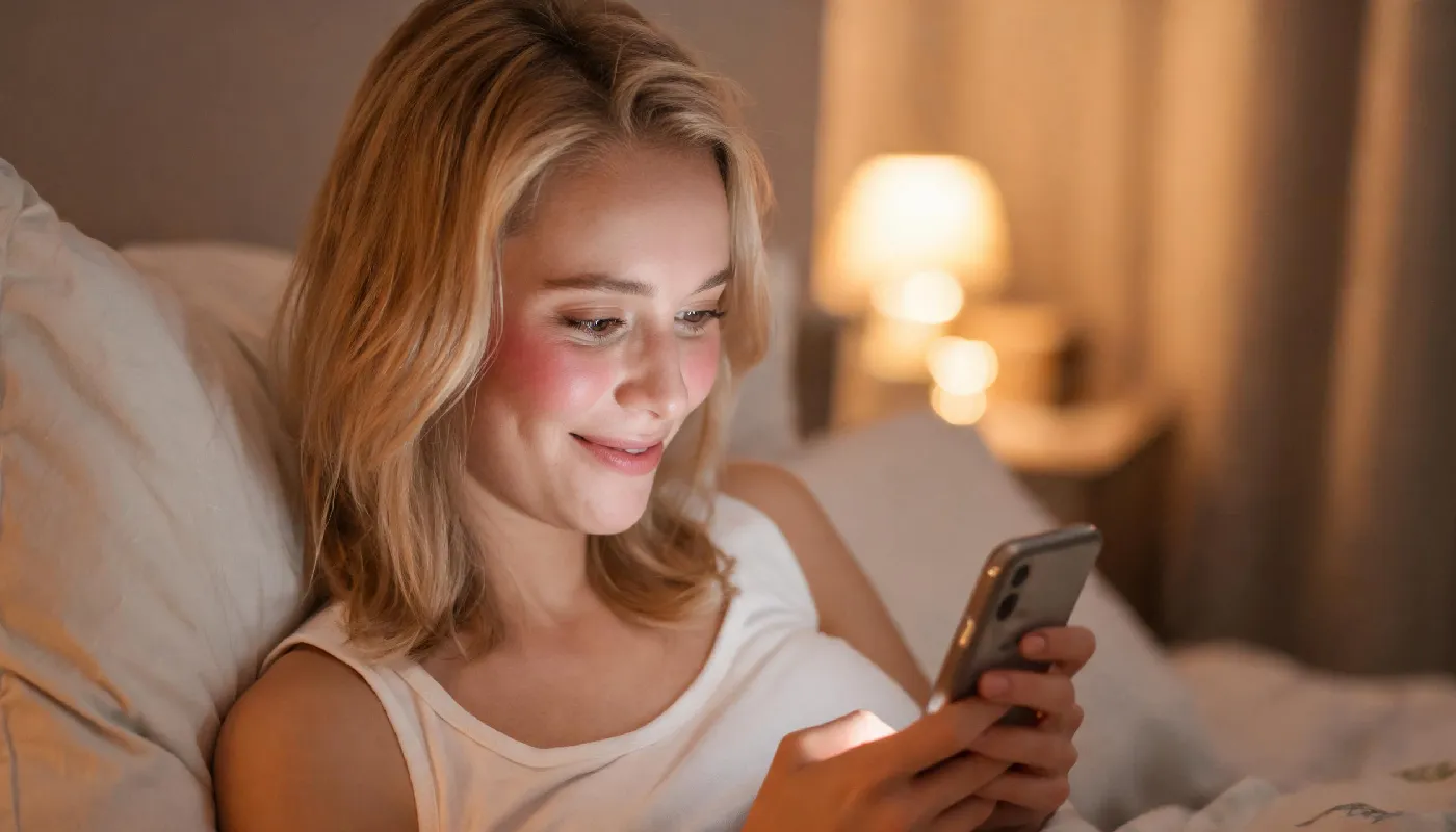 When and how to compliment her over text, woman smiling warmly at a sweet message