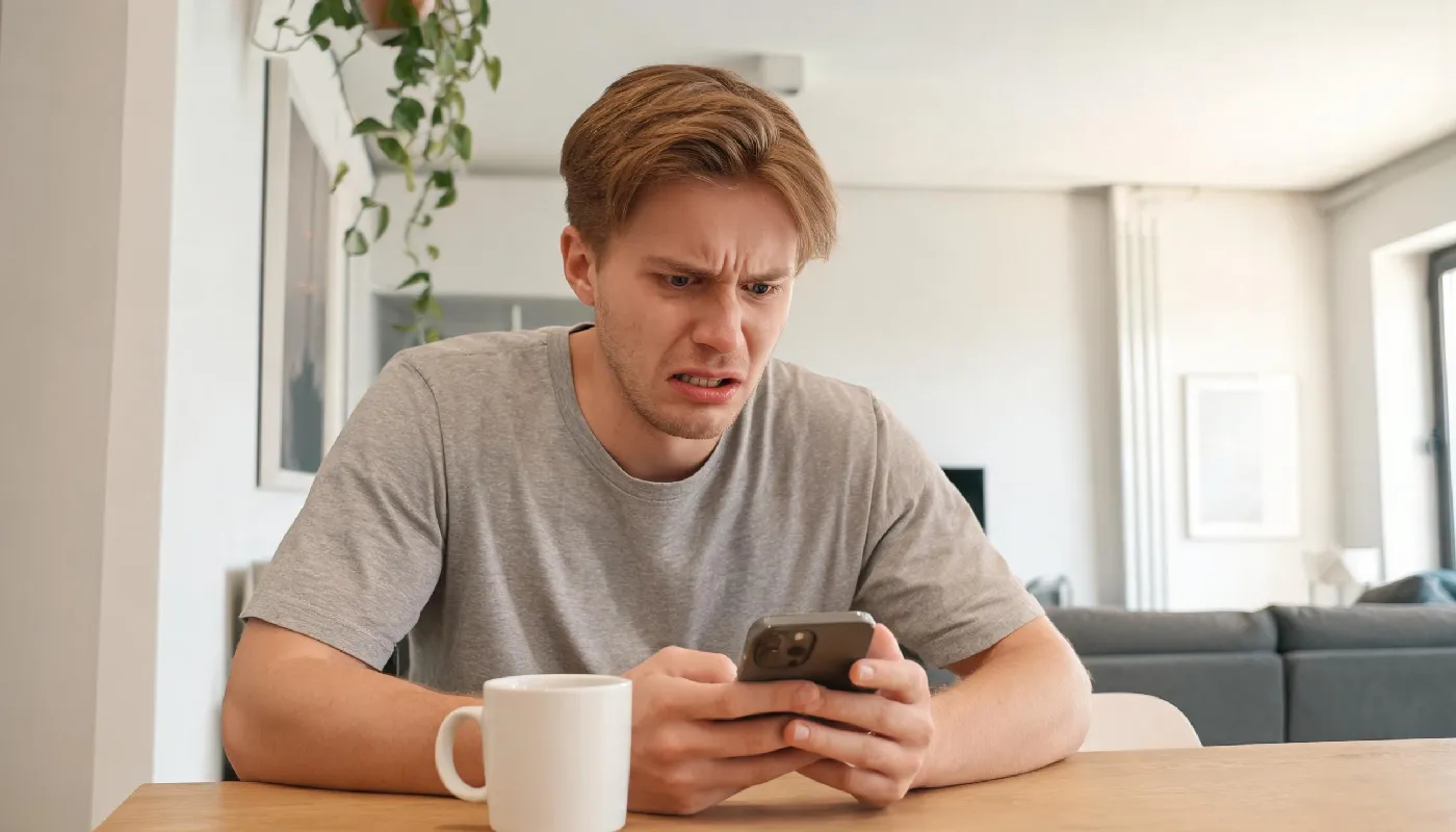 Mistakes guys commonly make when texting her, man looking regretful at his phone