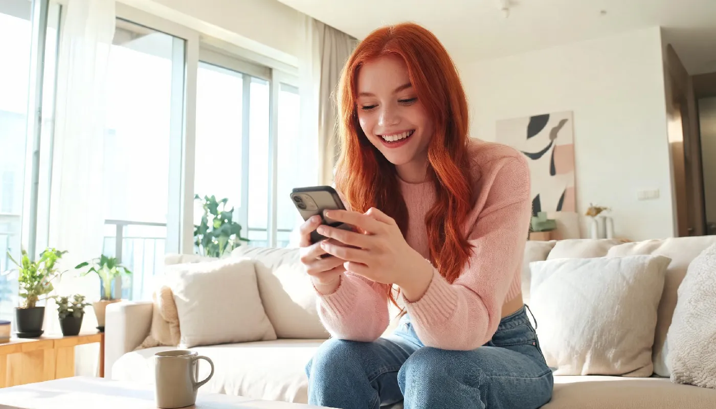 Creative ways to use emojis, woman smiling while typing a playful message
