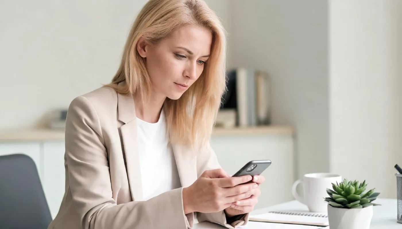 Emoji etiquette, professional woman thoughtfully composing a message