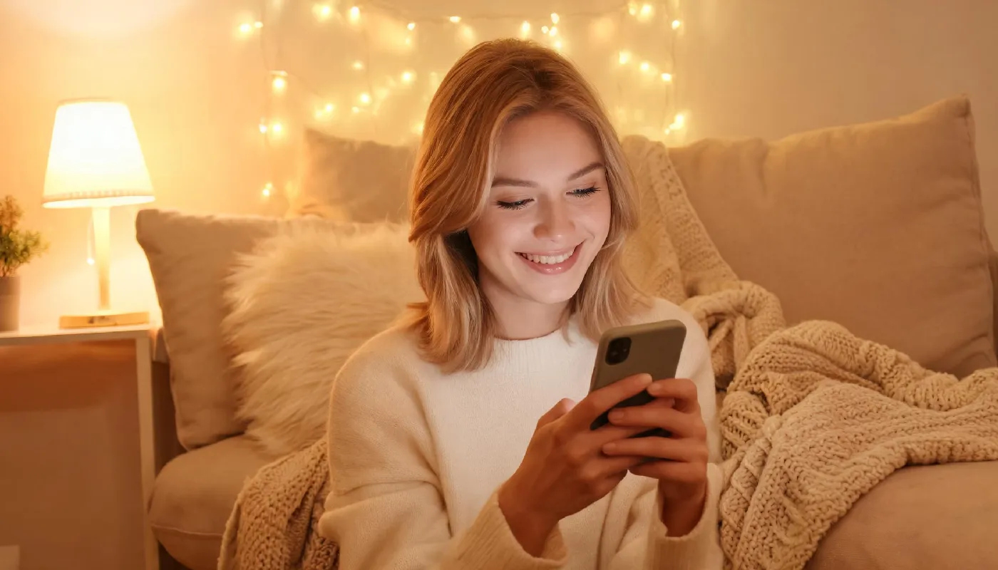 How to text flirty with emojis, woman smiling flirtatiously while texting
