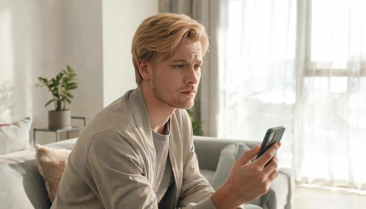 Benefits and drawbacks of AI intimacy, man thoughtfully weighing his options at home