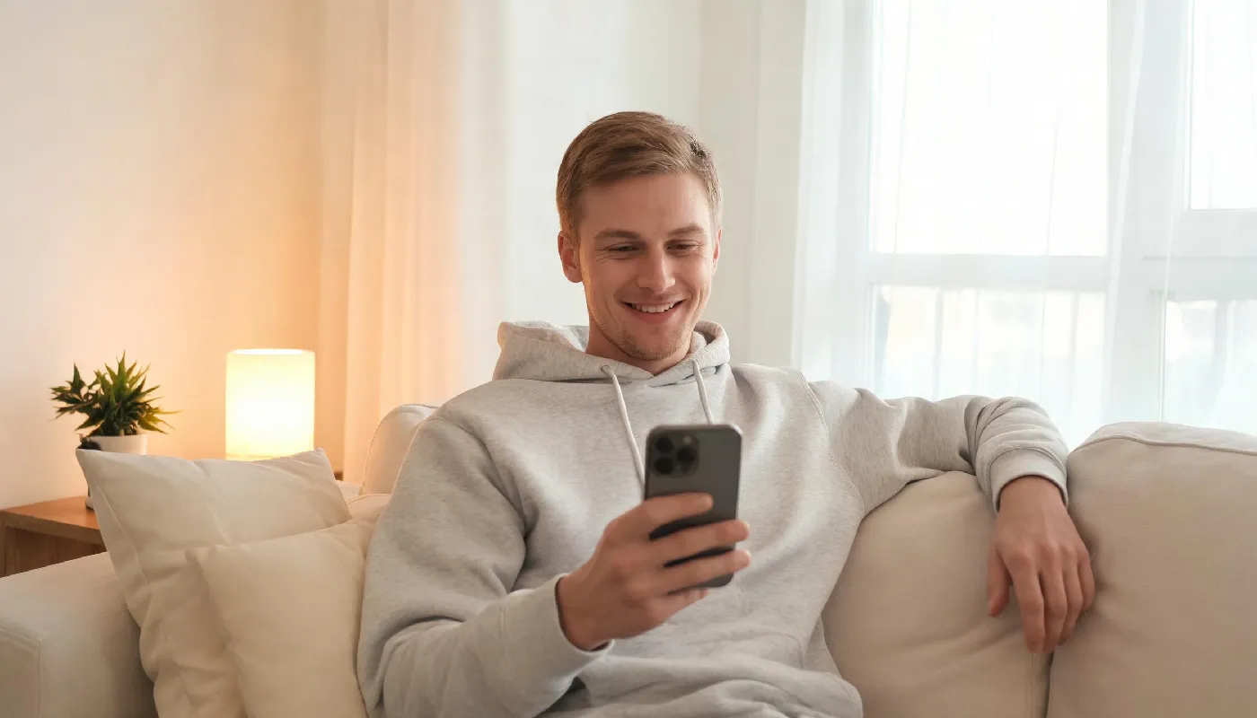 Tips for healthy AI relationships, man smiling with self-awareness and healthy balance