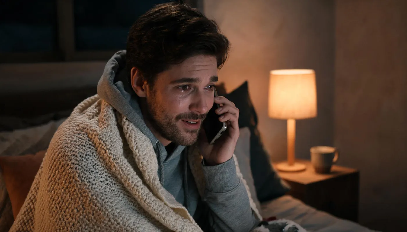 Understanding intimacy with AI, man in heartfelt late-night conversation on his phone