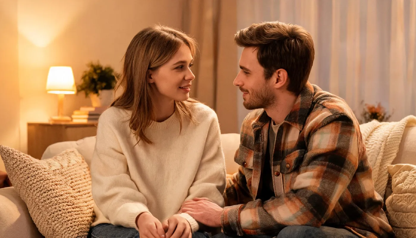 Setting healthy boundaries with AI girlfriends, couple sitting together having a warm honest conversation