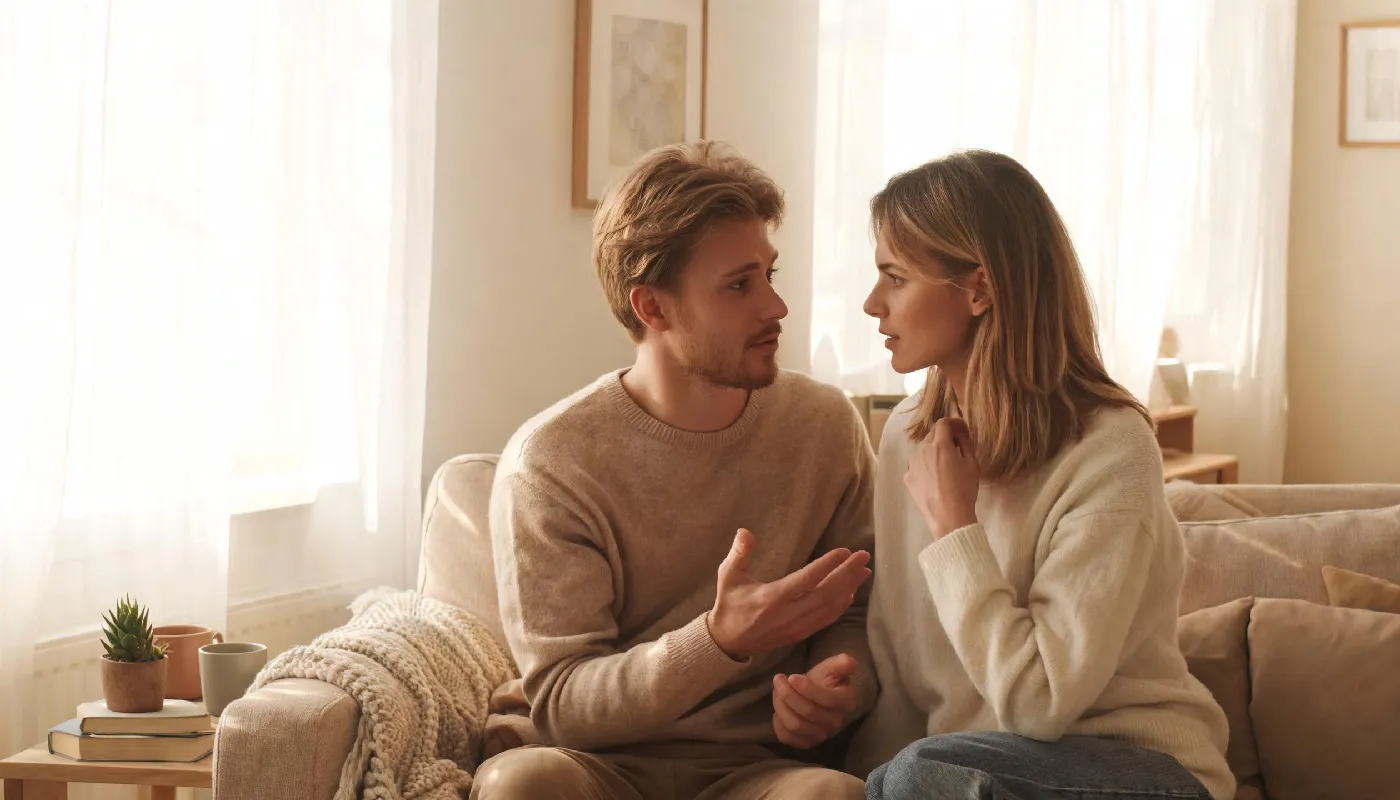 Is it cheating to have an AI girlfriend, couple having an open thoughtful discussion about digital relationships