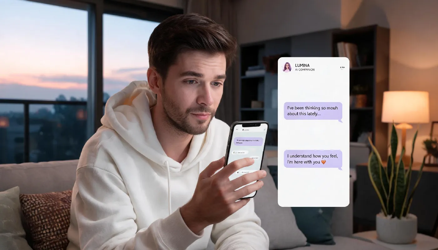 Understanding what an AI girlfriend is, man thoughtfully using an AI companion app on his phone