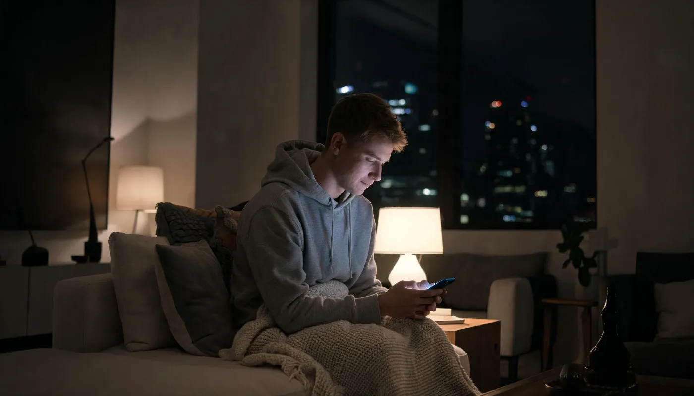 Why people turn to AI girlfriends, man alone at night finding comfort and emotional support on his phone