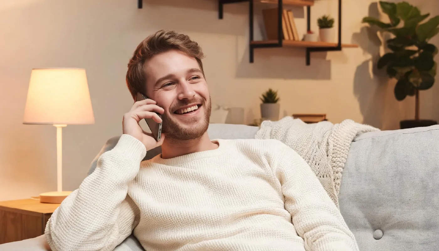 Benefits of talking to AI bots, man smiling genuinely feeling emotionally safe while chatting on his phone
