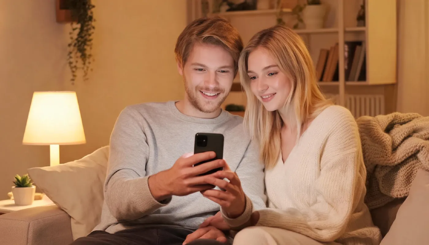 How to talk to AI bots without cheating, couple at home, one showing their phone openly with a transparent expression