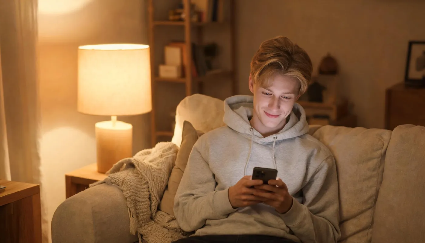 Why people talk to AI bots, man sitting alone at home chatting on his phone with a relaxed expression