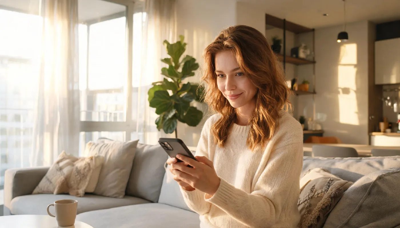 Benefits of recognizing AI on dating apps early, woman smiling confidently at her phone feeling empowered