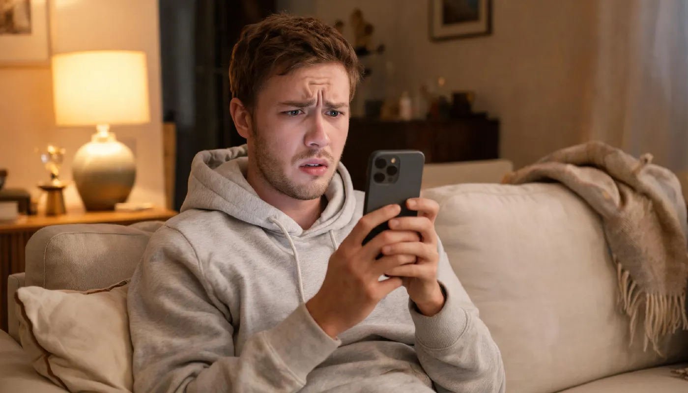 The psychology of falling for AI profiles, man looking confused at his phone after chatting online