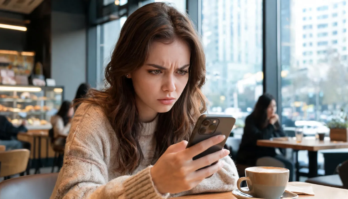 Signs someone might be AI on a dating app, woman analyzing a suspicious profile on her phone