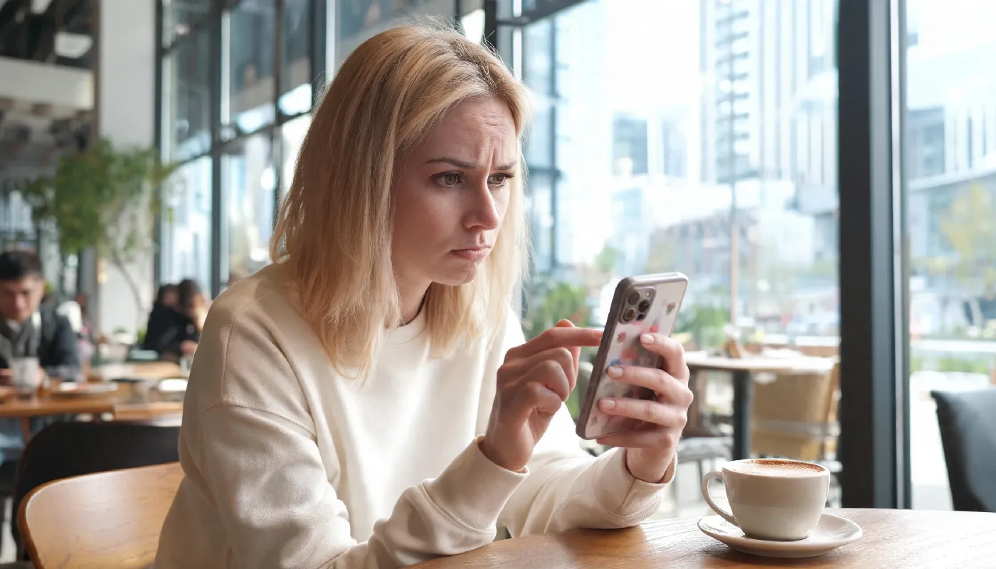 Why AI is showing up on dating apps, woman swiping through profiles at a cafe with a cautious expression