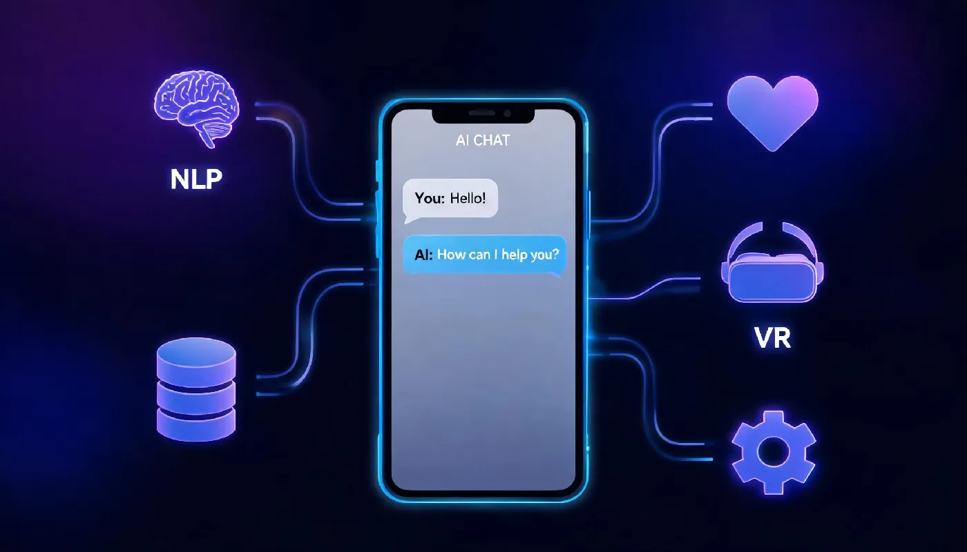 How an AI girlfriend works, man interacting with AI companion on smartphone, warm lighting