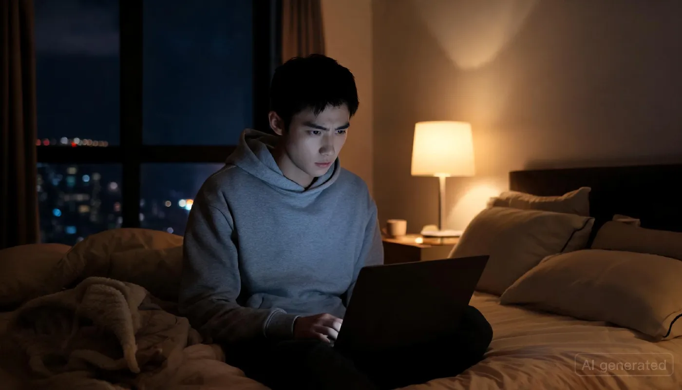 Is an AI girlfriend safe, man reading on phone, calm grounded home environment